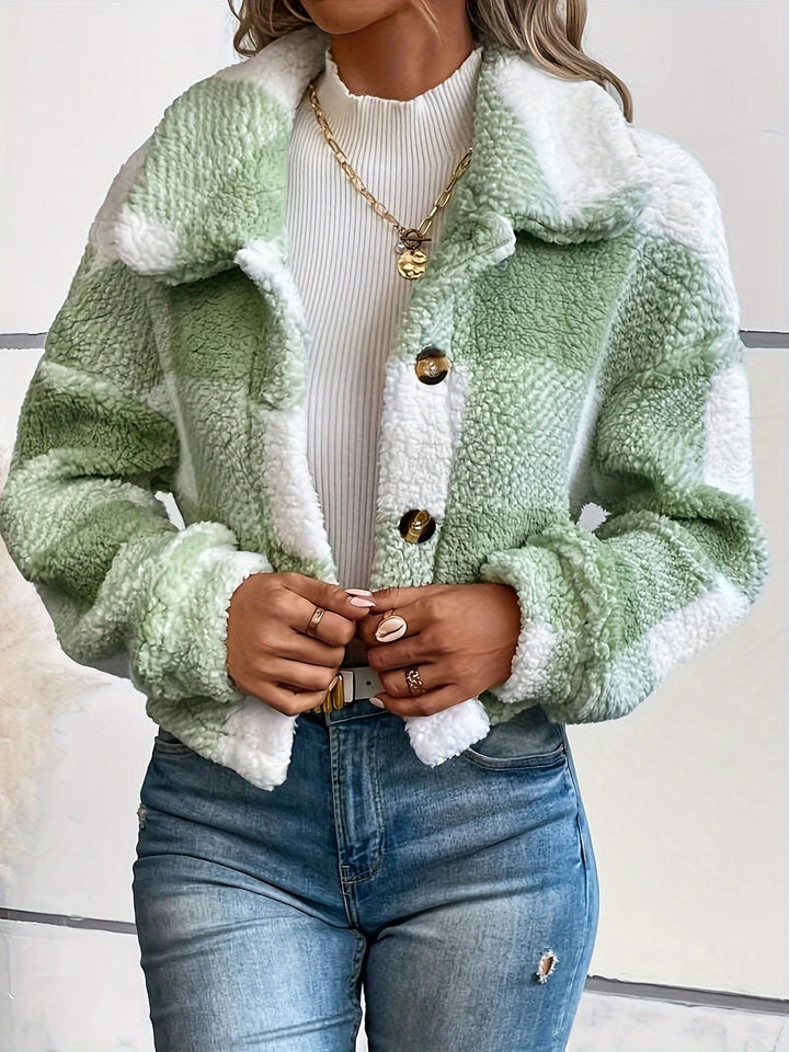 Women's Checked Teddy Jacket Button Front Collared