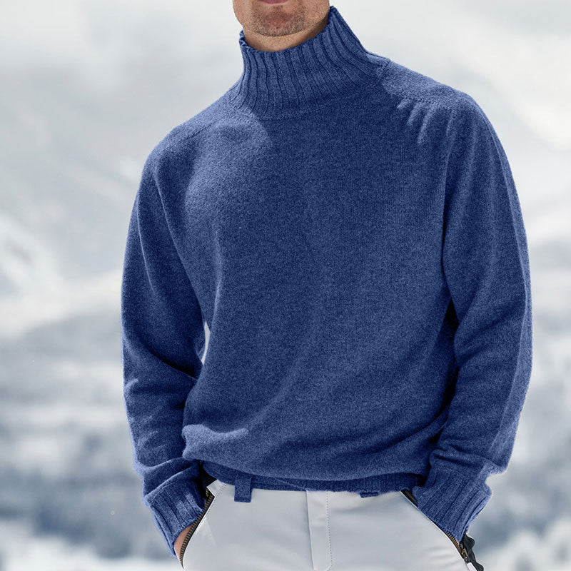 Men's Soft Knit Roll Neck Jumper – Kaius in Dark Blue, outdoor winter view
