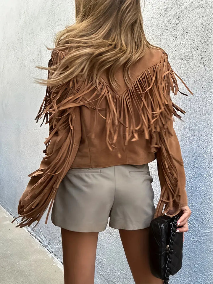 Runswick women's fringe jacket in Tan – back view