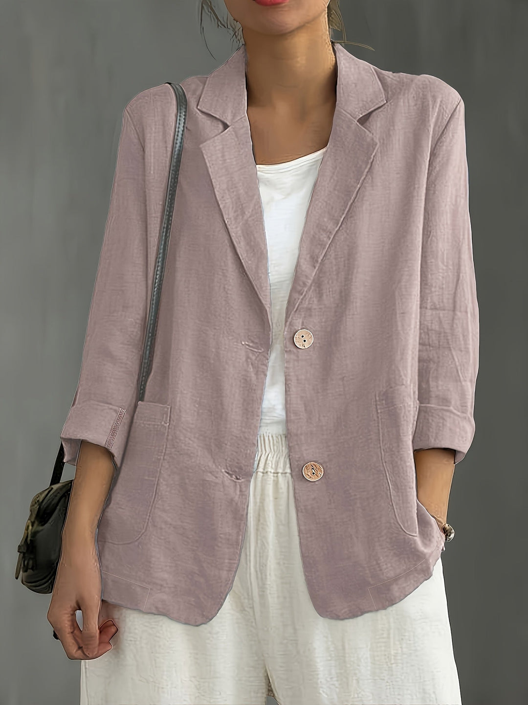 Women's Linen-Look Blazer with Patch Pockets and Rolled Sleeves – Ascot – Dusty Pink – front view