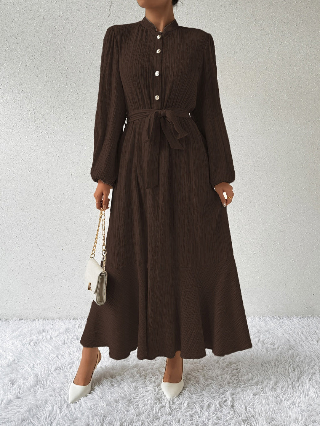 Women's Maxi Dress Button-Front Balloon Sleeve Belted