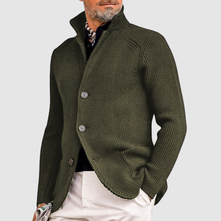 Men's stand collar knit cardigan Jorvik in Army Green – front view