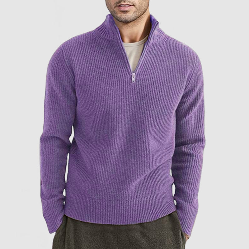 Men's Ribbed Quarter Zip Jumper – Galen in Purple, front view