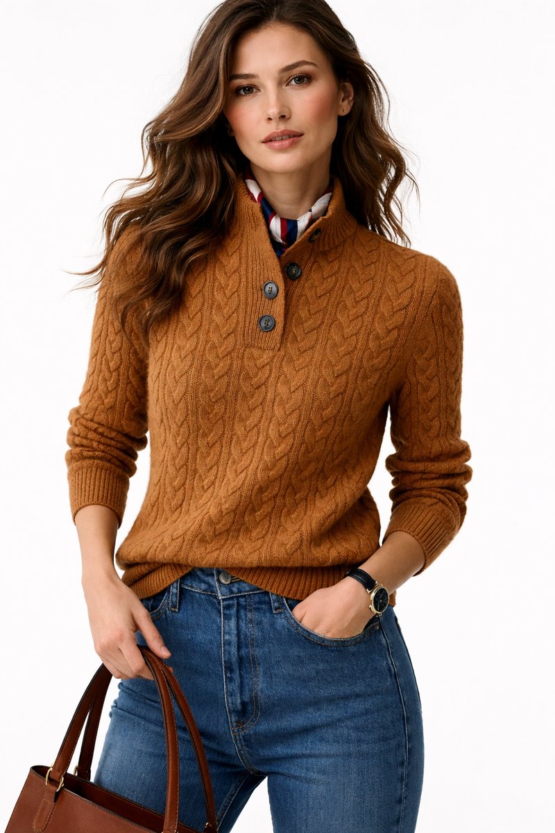 Women's cable knit jumper Ysolde in Brown – front view with jeans