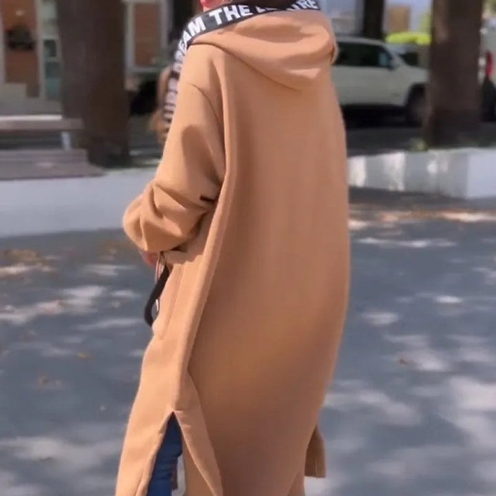 Women's hooded long coat Hester in Khaki – back view