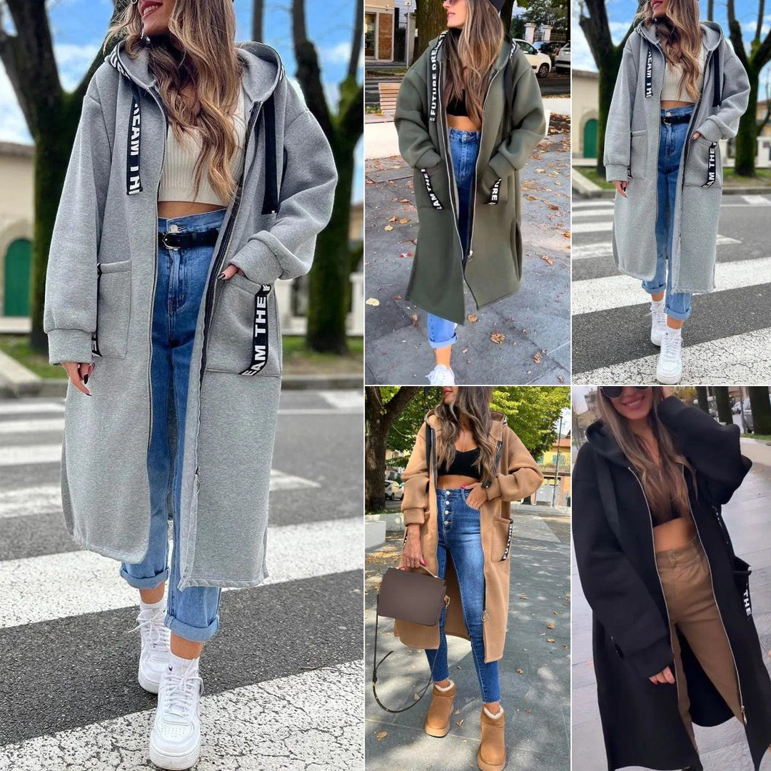 Women's hooded long coat Hester in all colours – collage