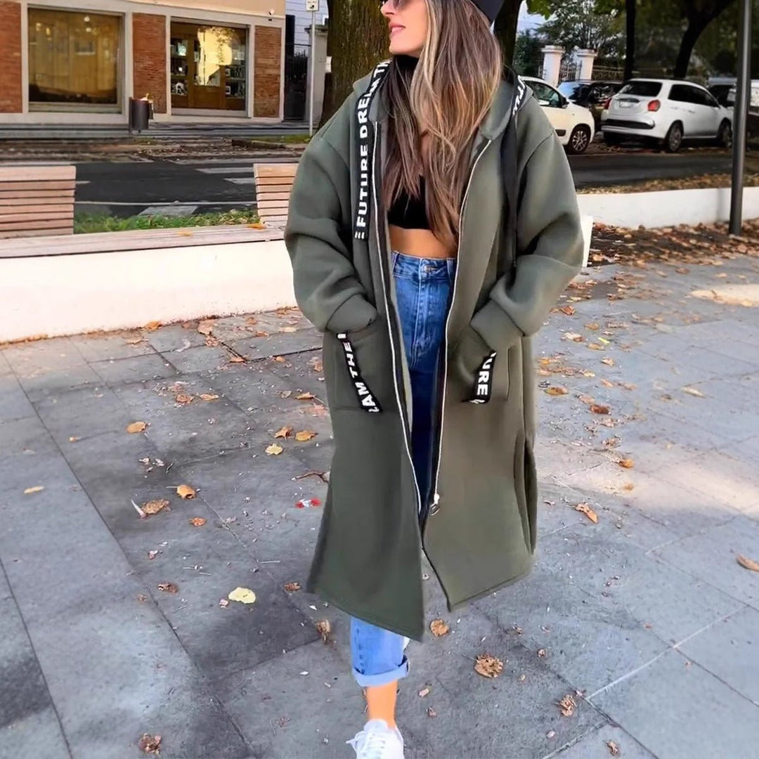 Women's hooded long coat Hester in Green – front view
