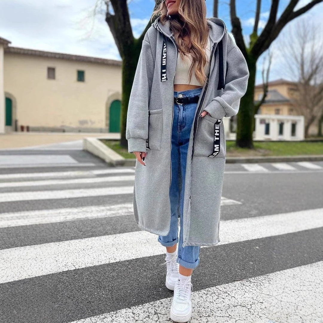 Women's hooded long coat Hester in Grey – front view