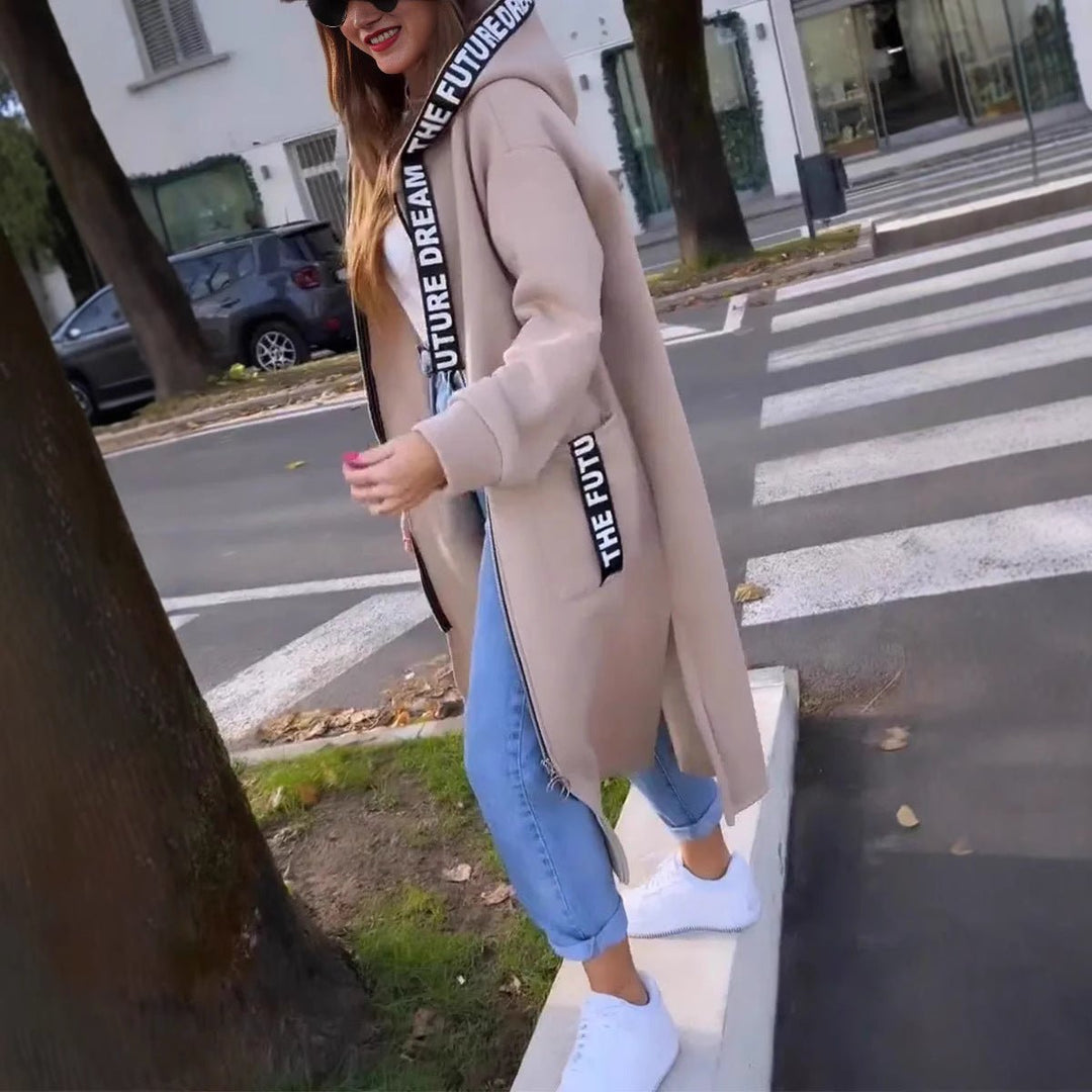 Women's hooded long coat Hester in Beige – side view