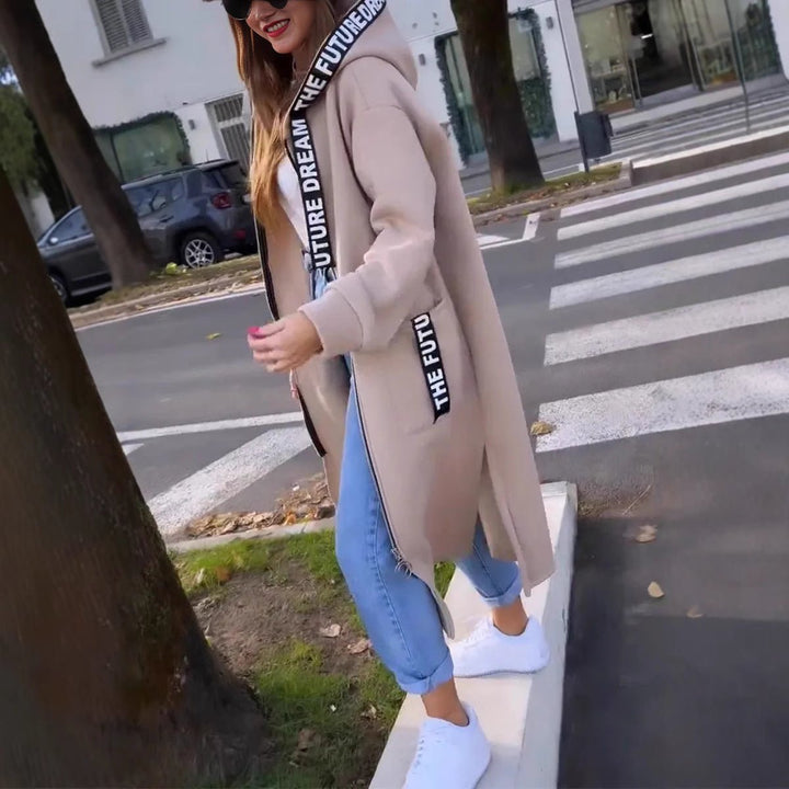 Women's hooded long coat Hester in Beige – side view