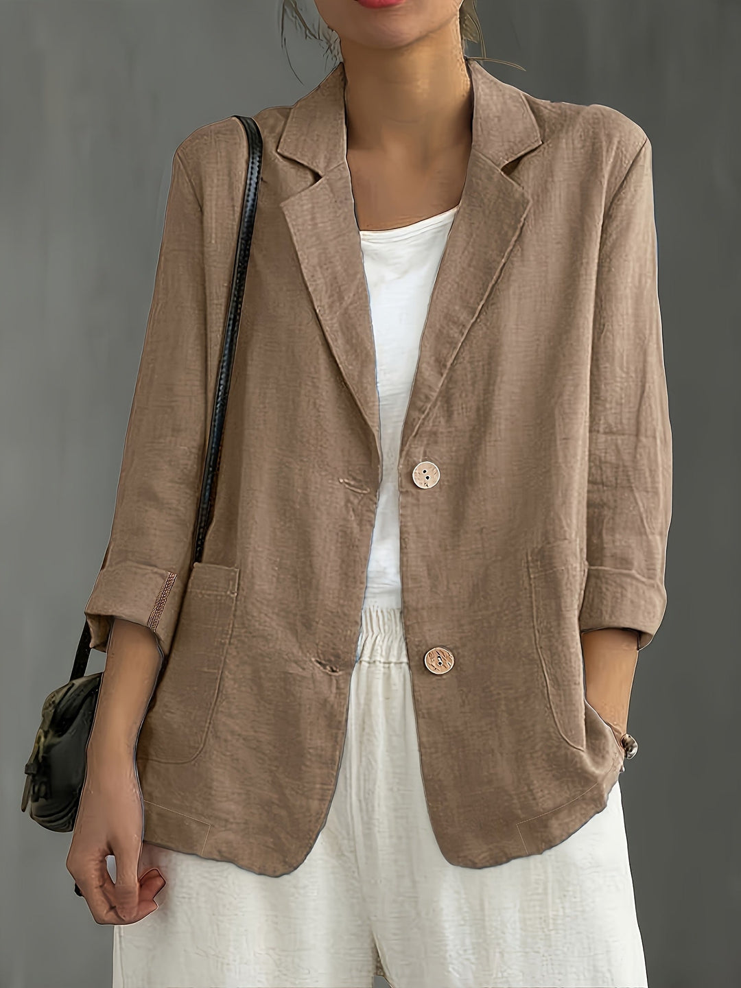 Women's Linen-Look Blazer with Patch Pockets and Rolled Sleeves – Ascot – Camel – front view