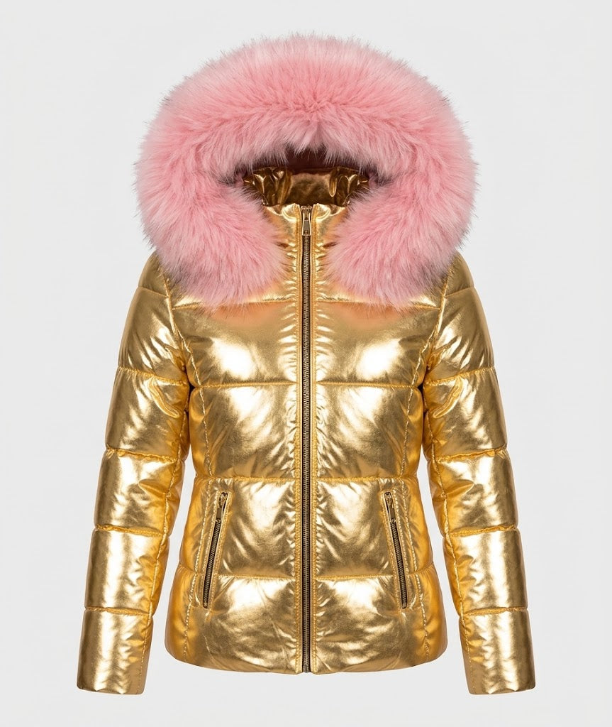 Tadcaster women's faux fur hood puffer jacket in Gold – front view