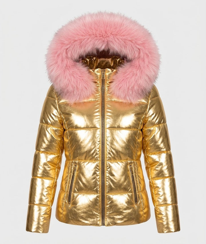 Tadcaster women's faux fur hood puffer jacket in Gold – front view