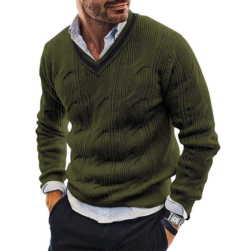 Men's Cable Knit V-Neck Cricket Jumper – Corwin in Military Green, front view