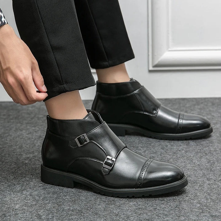 Men's double monk strap boots Alain in Deep Black – worn with tailored trousers