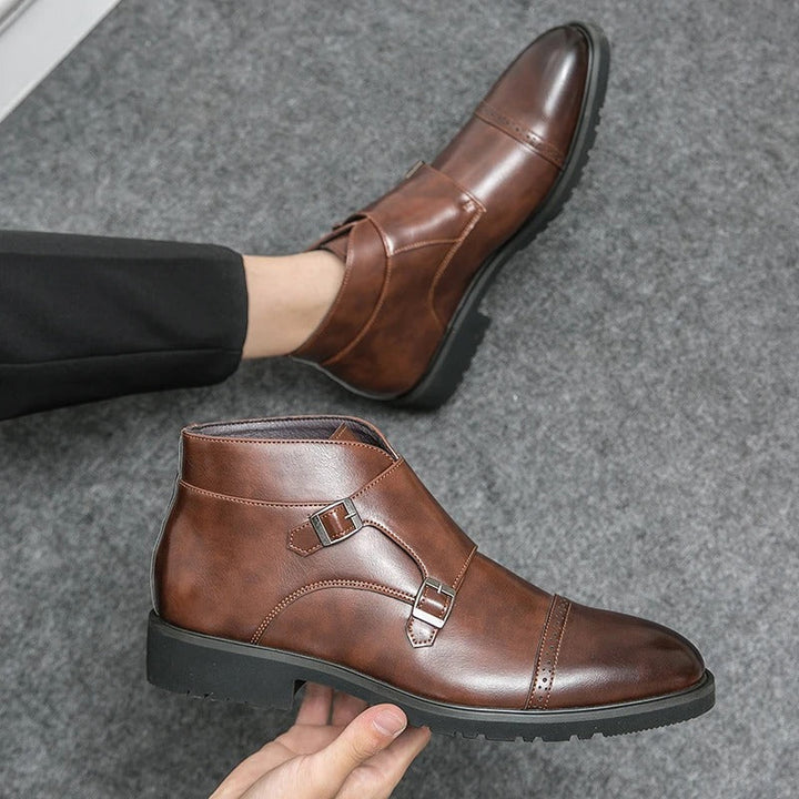 Men's double monk strap boots Alain in Dark Brown – worn and held