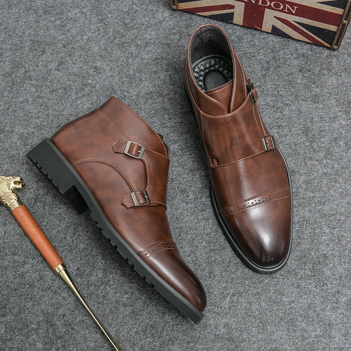 Men's double monk strap boots Alain in Dark Brown – flat-lay on grey carpet