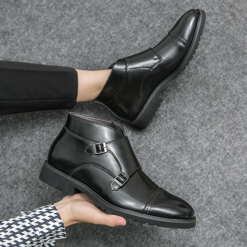 Men's double monk strap boots Alain in Deep Black – worn and held