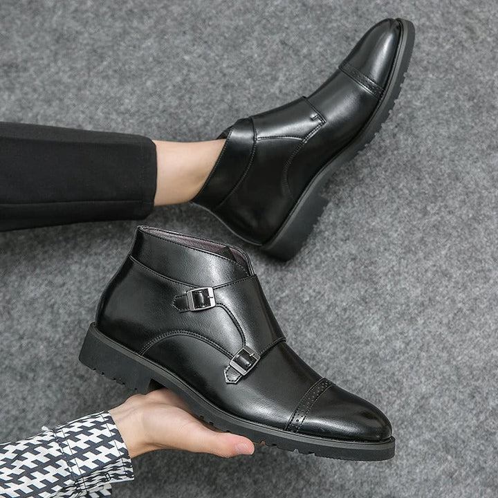 Men's double monk strap boots Alain in Deep Black – worn and held