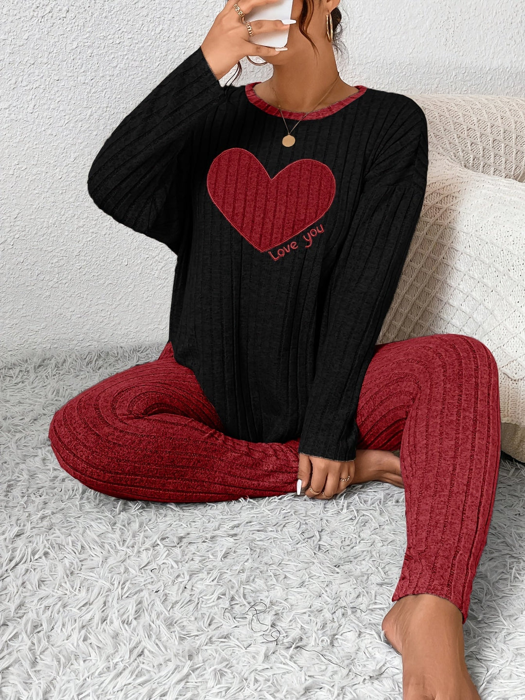 Women's Heart Print Loungewear Set Long Sleeve Top Trousers