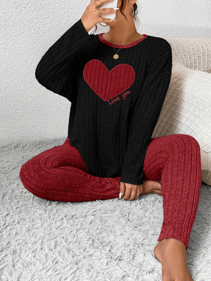Women's Heart Print Loungewear Set Long Sleeve Top Trousers