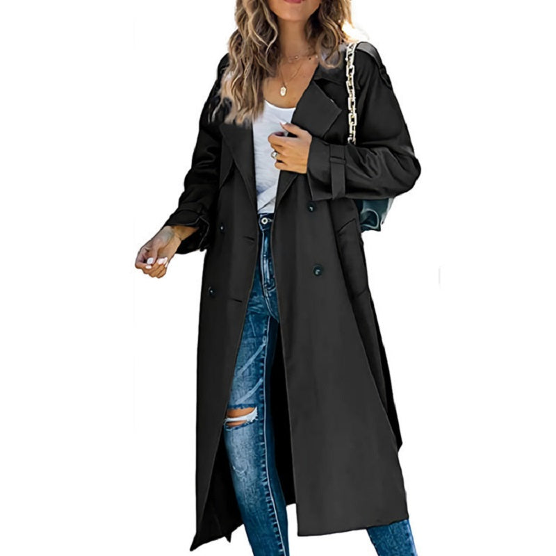 Women's Longline Double-Breasted Trench Coat with Wide Lapels – Ambleside – Black – front view
