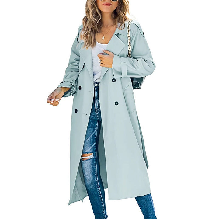 Women's Longline Double-Breasted Trench Coat with Wide Lapels – Ambleside – Duck Egg Blue – front view
