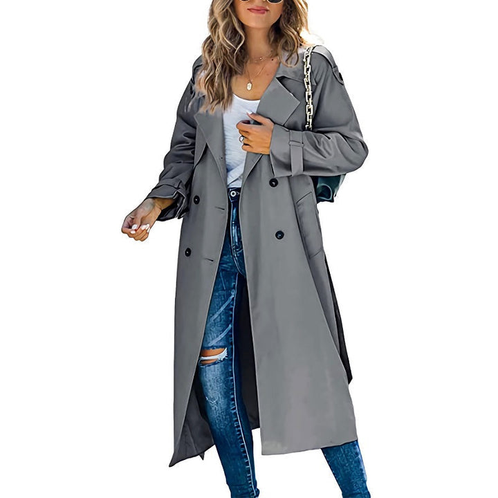 Women's Longline Double-Breasted Trench Coat with Wide Lapels – Ambleside – Grey – front view