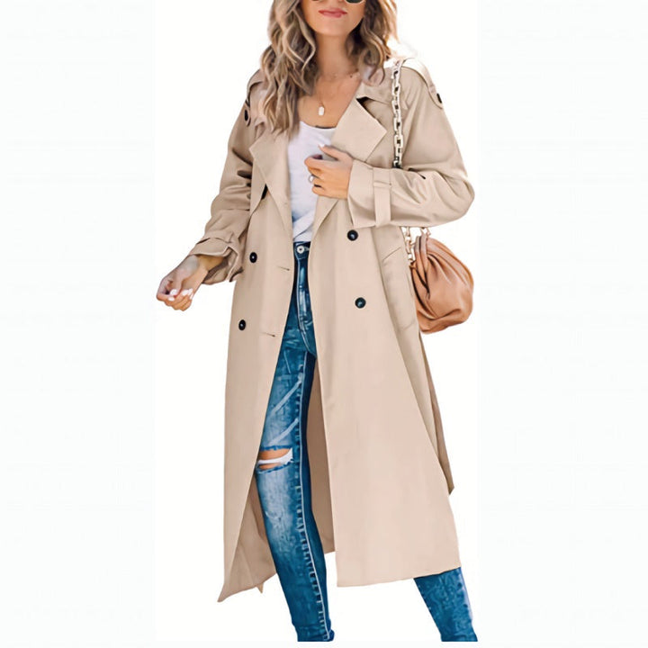 Women's Longline Double-Breasted Trench Coat with Wide Lapels – Ambleside – Stone – front view