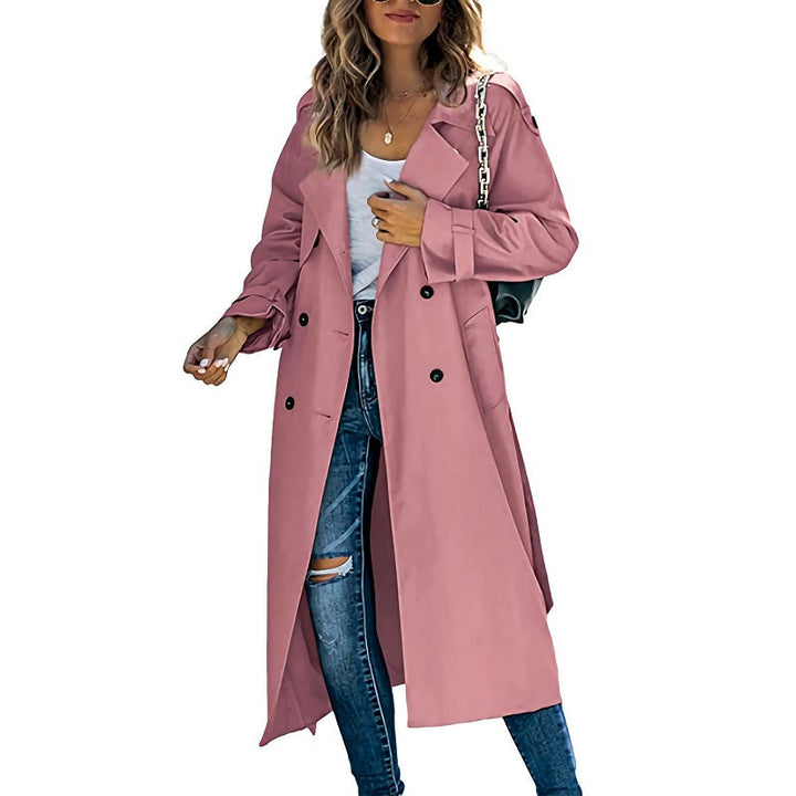 Women's Longline Double-Breasted Trench Coat with Wide Lapels – Ambleside – Pink – front view