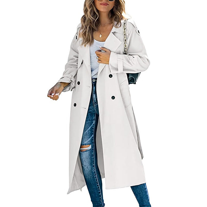 Women's Longline Double-Breasted Trench Coat with Wide Lapels – Ambleside – White – front view