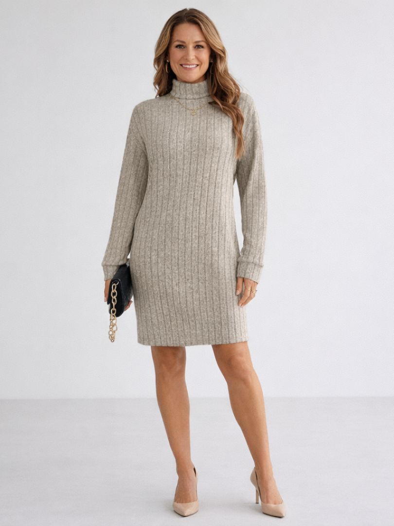 Women's ribbed roll neck jumper dress Blanche in Beige – front view