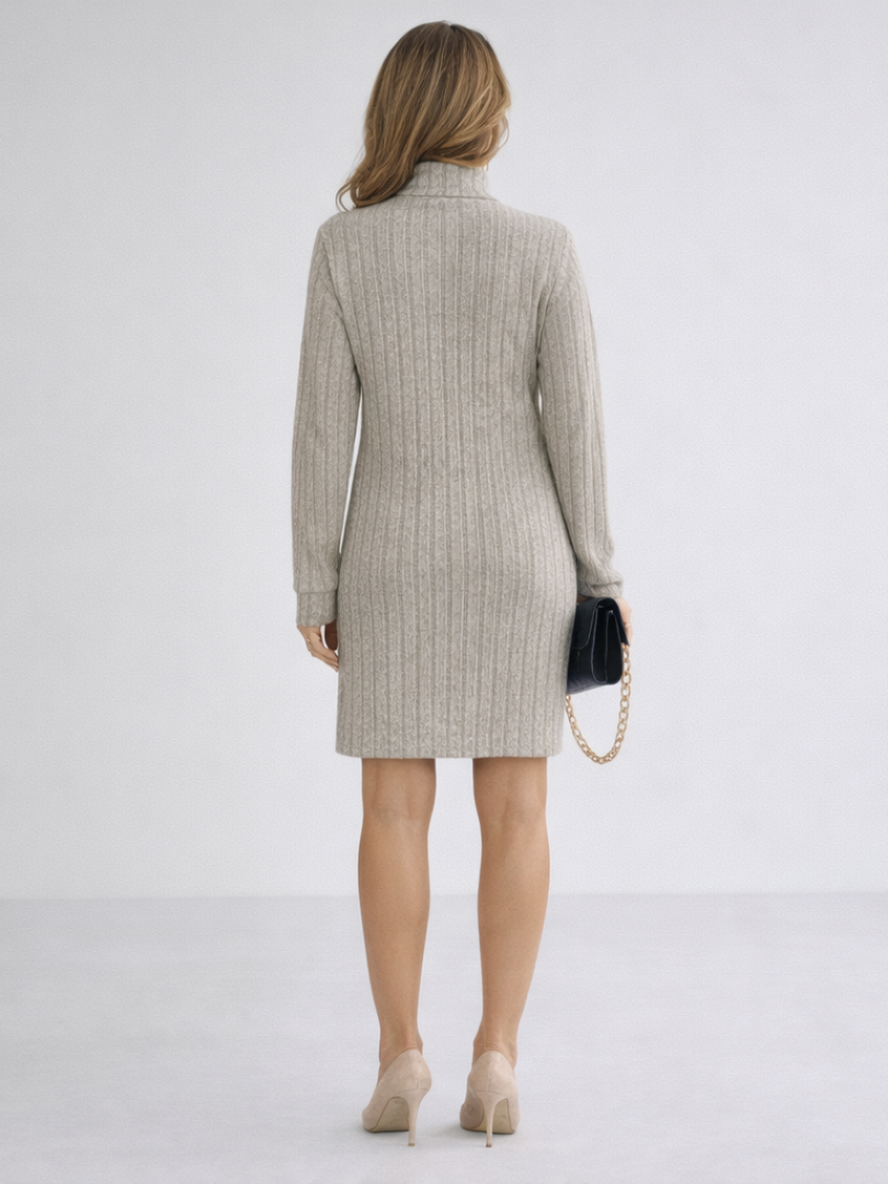Women's ribbed roll neck jumper dress Blanche in Beige – back view