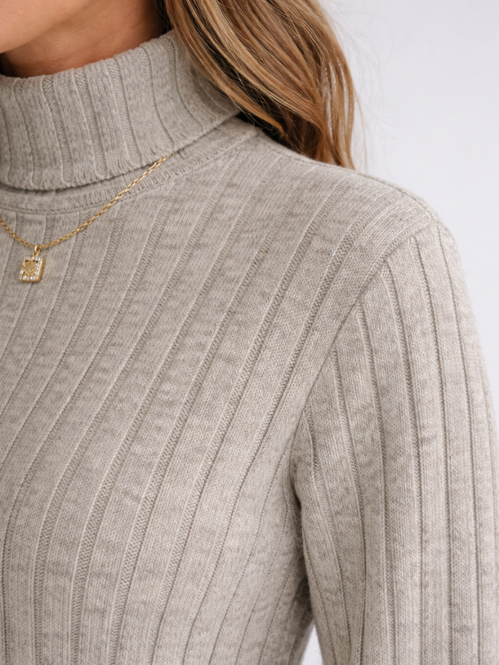 Women's ribbed roll neck jumper dress Blanche in Beige – close-up detail