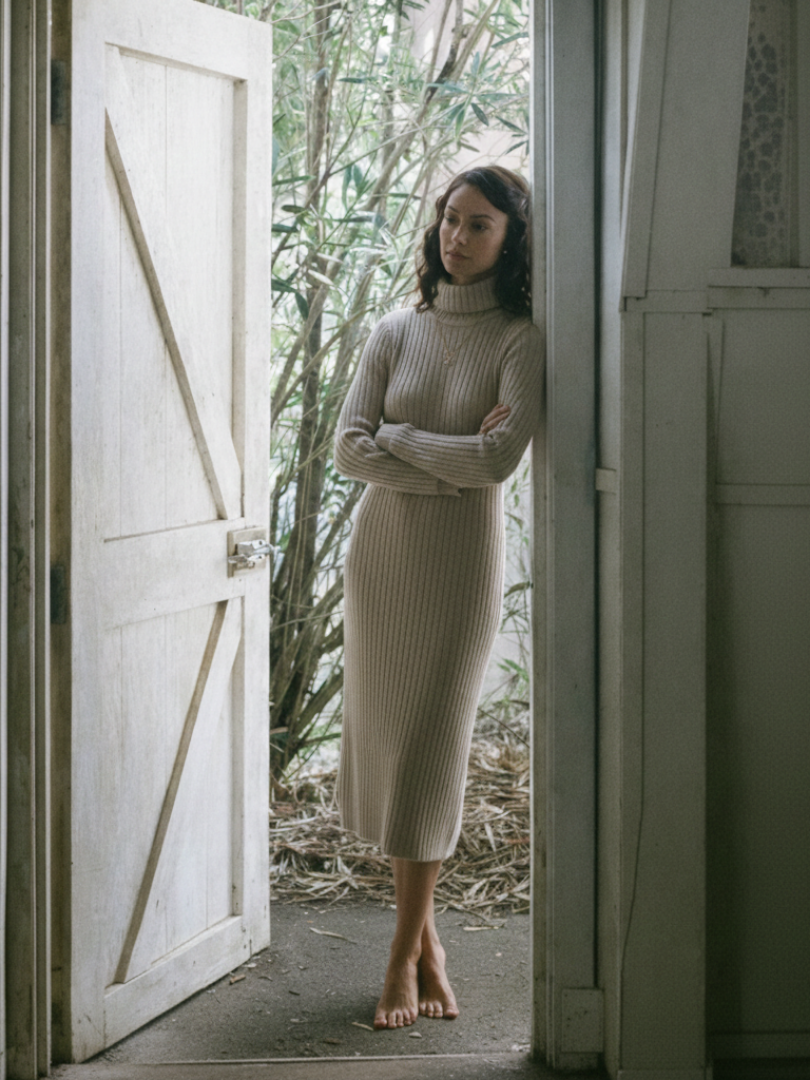 Women's ribbed roll neck jumper dress Blanche in Beige – doorway lifestyle view