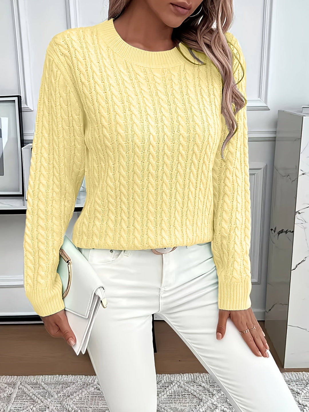 Women's cable knit jumper Rosalina in Yellow – styled with white bag