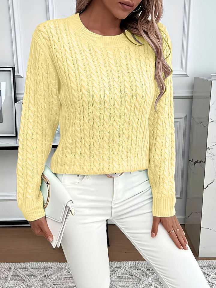 Women's cable knit jumper Rosalina in Yellow – styled with white bag