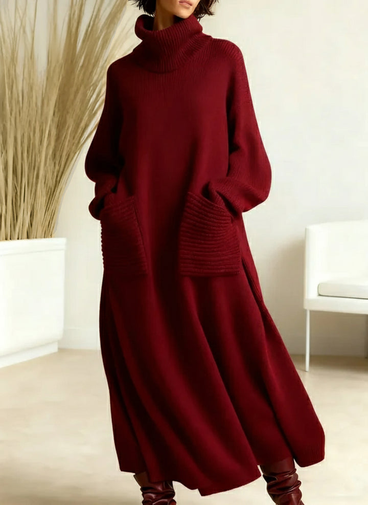Genna - High-Neck Long-Sleeve Casual Loose Knit Dress