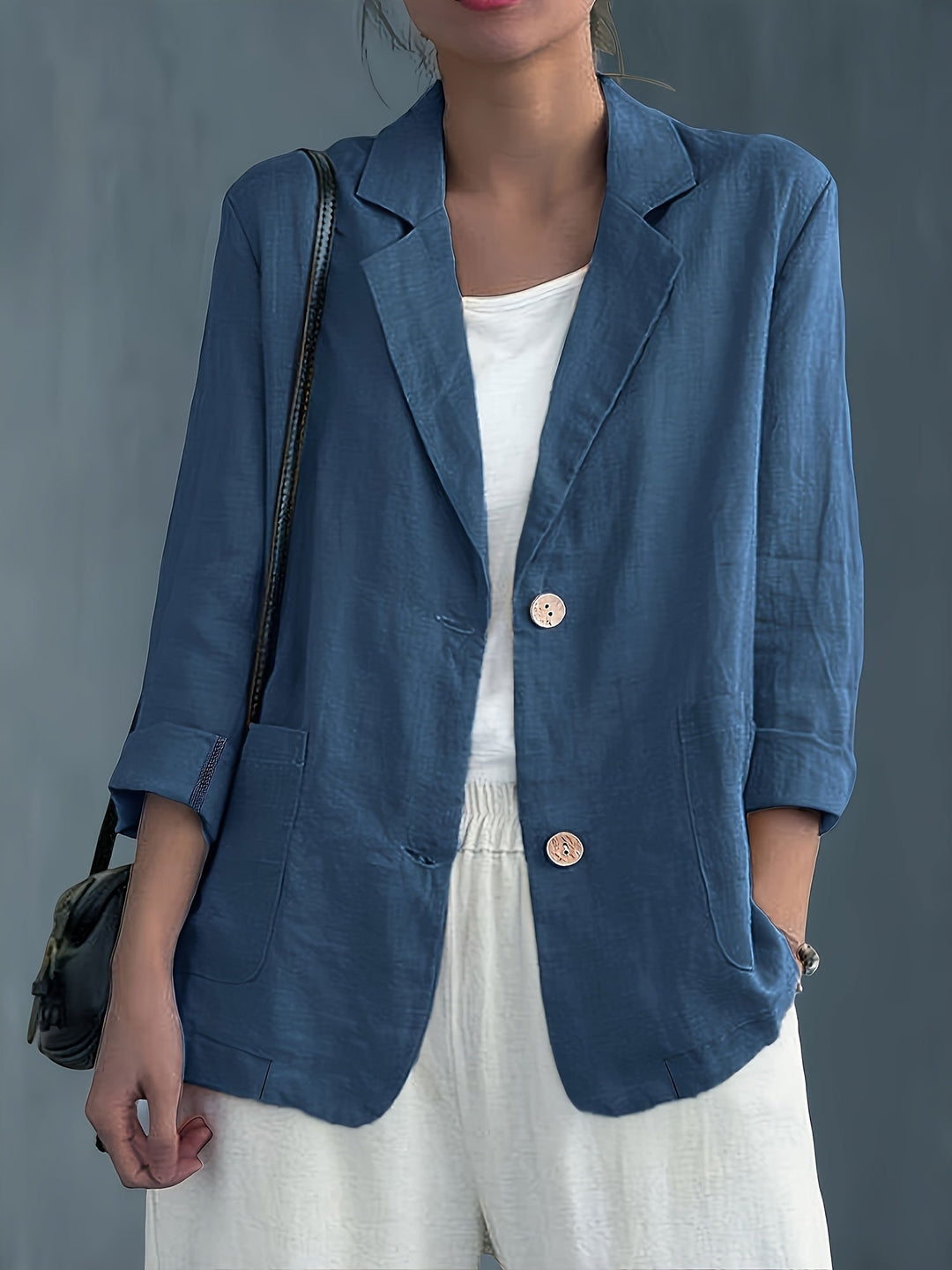 Women's Linen-Look Blazer with Patch Pockets and Rolled Sleeves – Ascot – Blue – front view