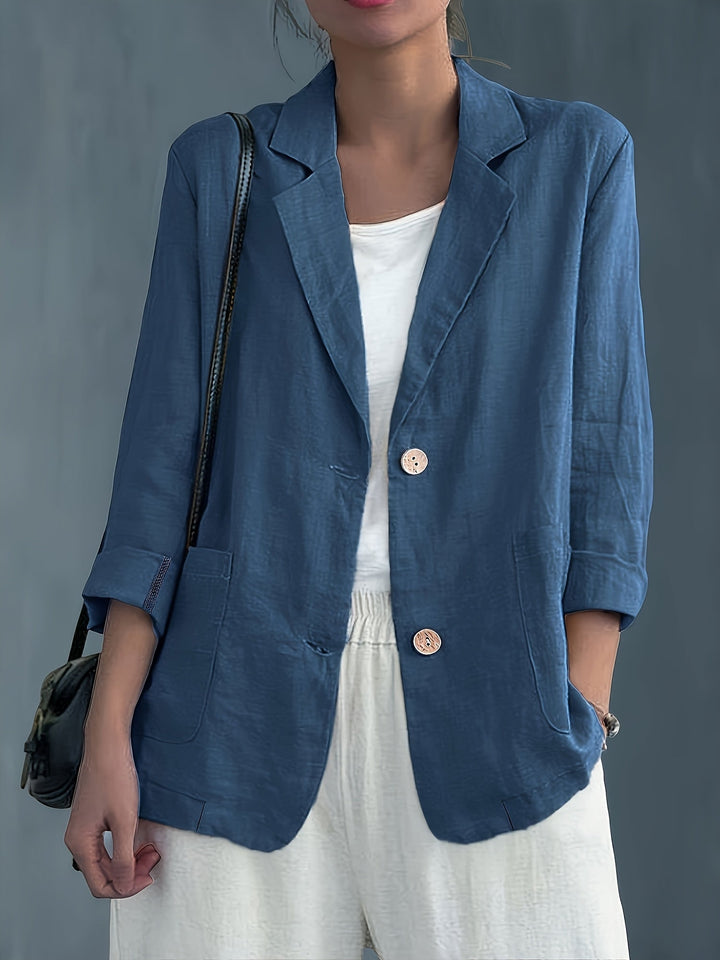 Women's Linen-Look Blazer with Patch Pockets and Rolled Sleeves – Ascot – Blue – front view