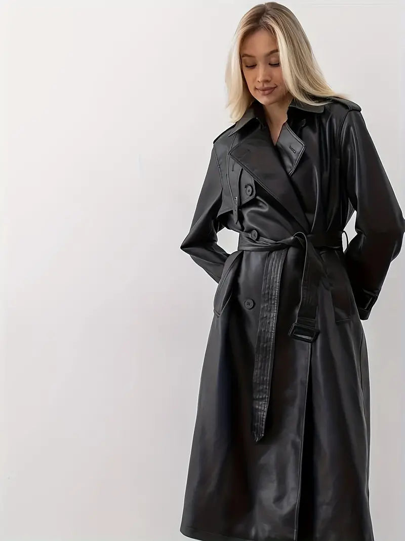 Reeth women's faux leather trench coat in Black – front view