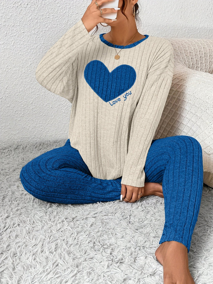 Women's Heart Print Loungewear Set Long Sleeve Top Trousers