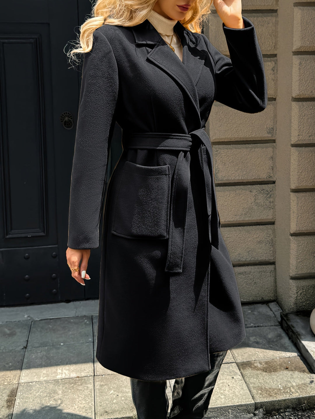 Women's belted wrap coat Romilly in Black – side profile view