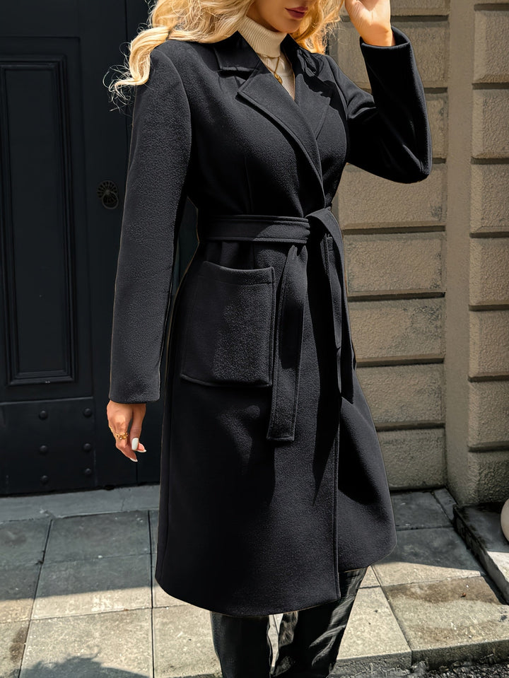 Women's belted wrap coat Romilly in Black – side profile view