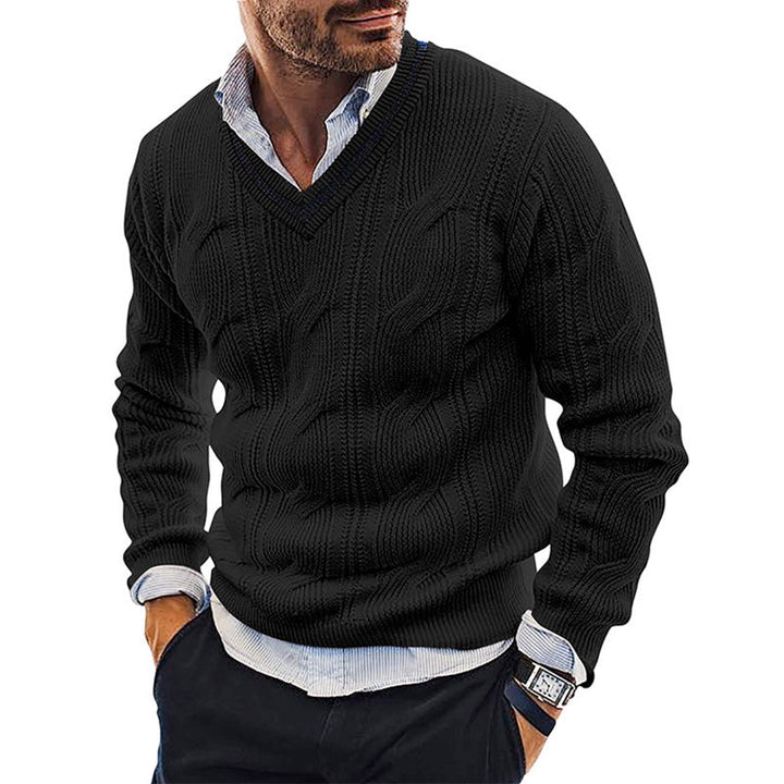 Men's Cable Knit V-Neck Cricket Jumper – Corwin in Black, front view
