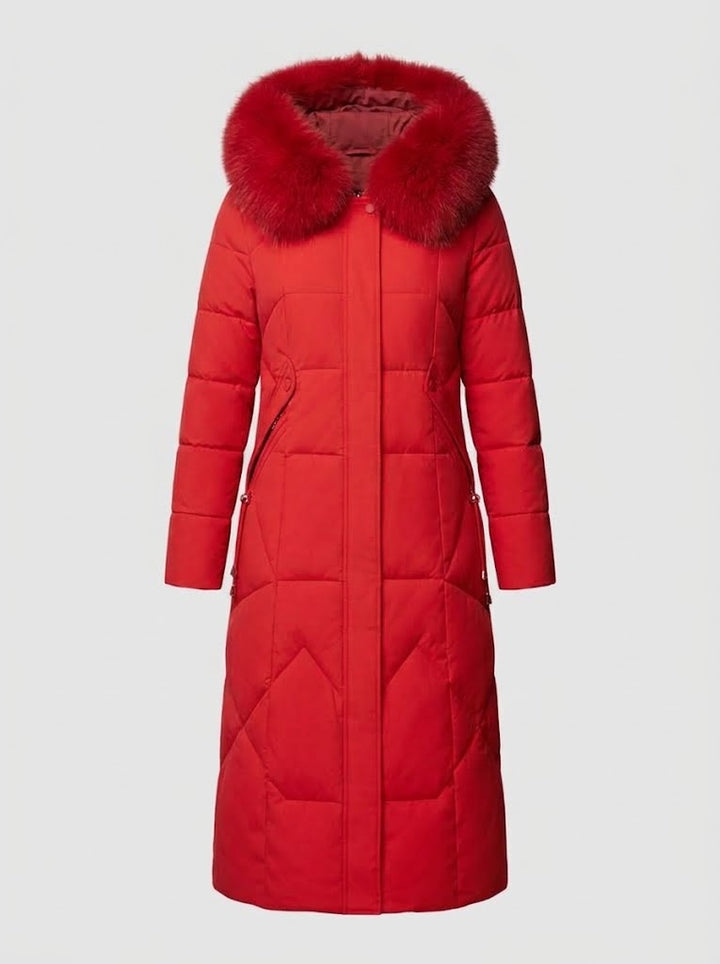 Halesworth women's long puffer coat in Red – front view