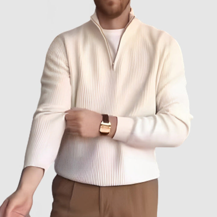 Men's Ribbed Quarter Zip Jumper – Galen in Cream, worn with chinos