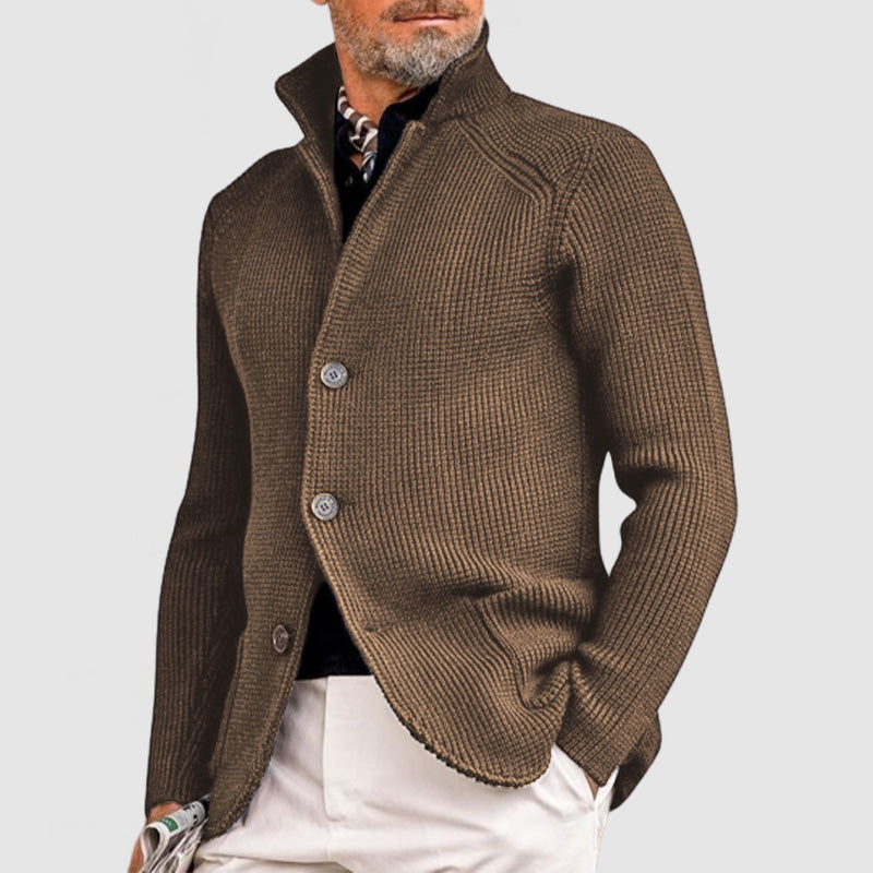 Men's stand collar knit cardigan Jorvik in Khaki – front view