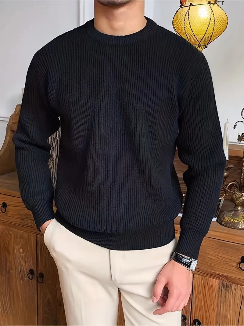 Men's ribbed crew neck jumper in black – Quinlan – front view with stone trousers