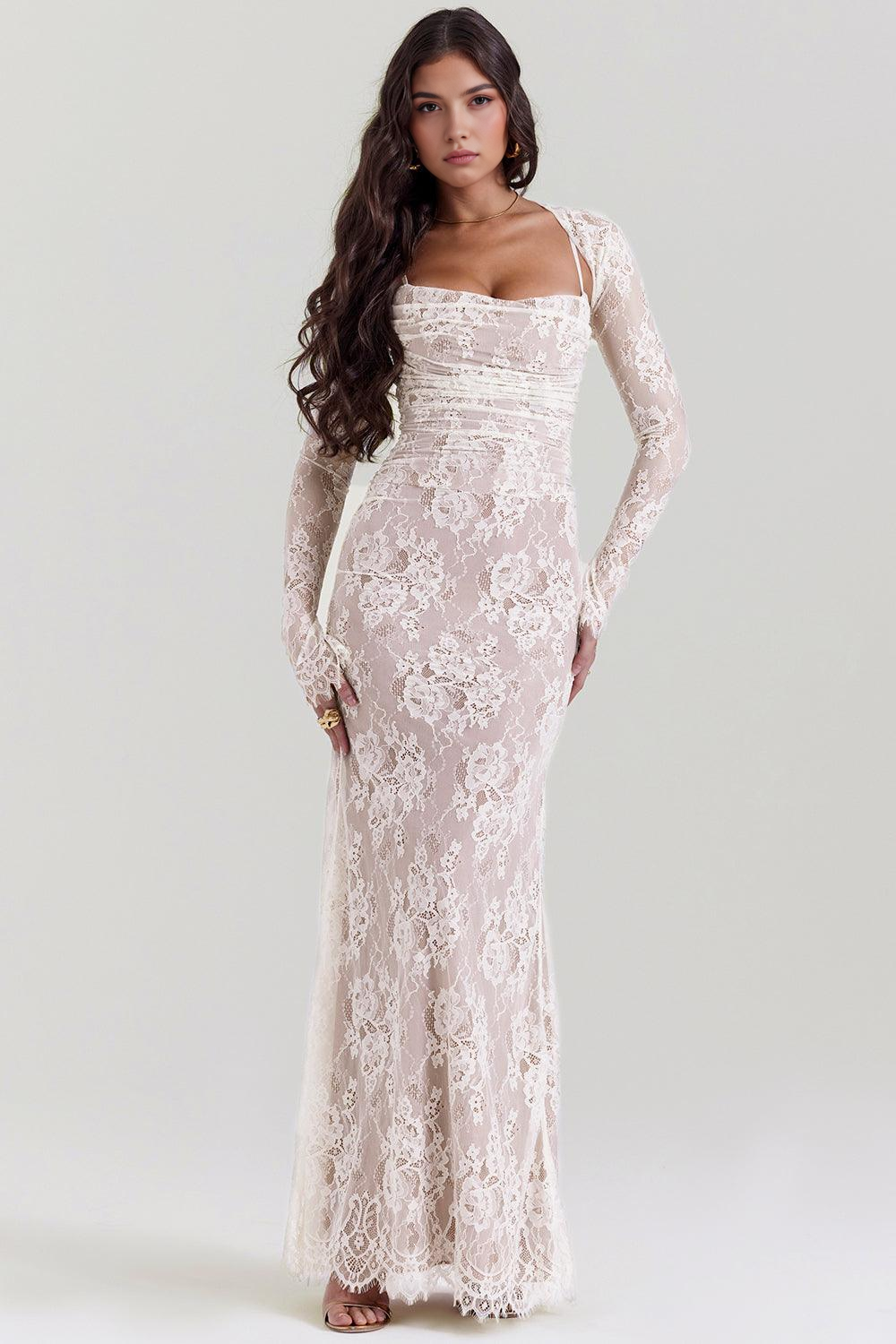 celeste lace dress maxi Women's Celeste Peplum Applique Maxi Dress XS/S/M/L/XL/Customize Whisper White Geometric MEAN BLVD Whisper White Geometric / L